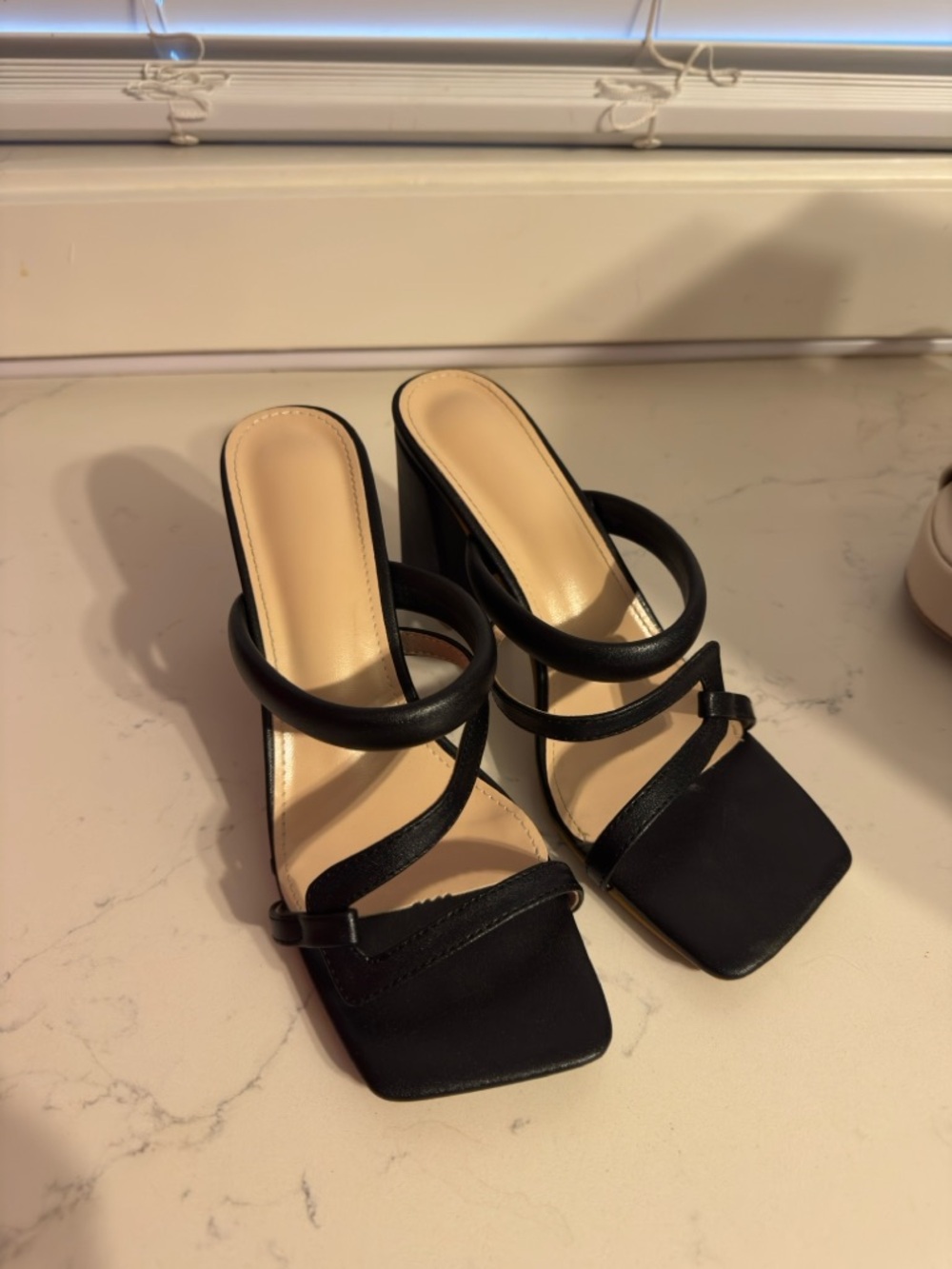Black Strappy Square-Toe High Heel Mules